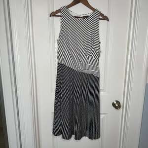 Lauren Ralph Lauren Women's Black White Stripe Asymmetrical Midi Dress Size 8